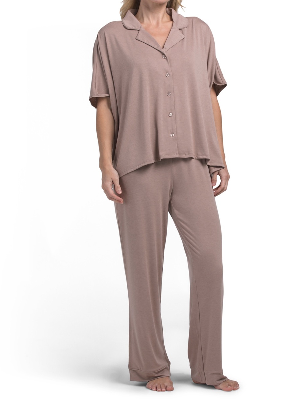 Flora Nikrooz Women's Relaxed Pajama Set - Taupe Button-Up Top & Pants
